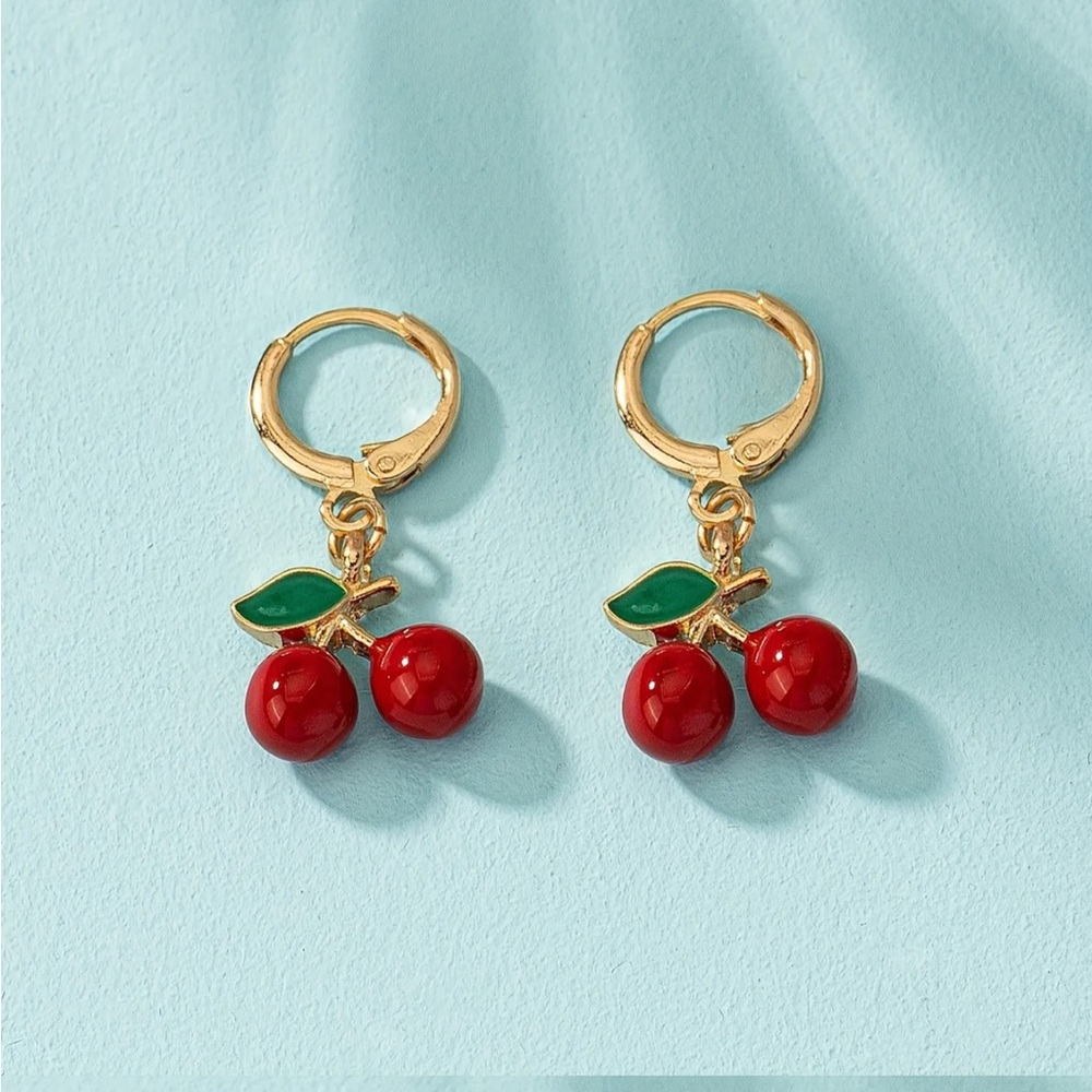 🍒 CHERRY DANGLE HUGGIE HOOP EARRINGS GOLD TONE